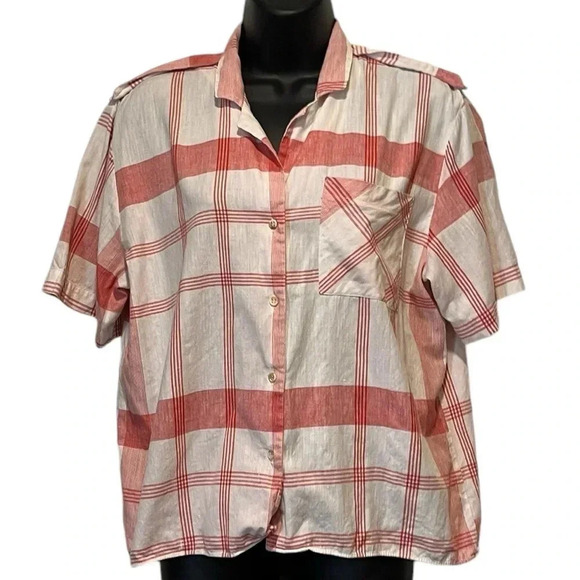 🍀2/$22 Vintage 80s Red White Plaid Short Sleeve Button Down Blouse Womens Medium - Picture 9 of 9